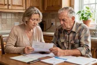 Couple de retraités examinant leurs relevés de pension Agirc-Arrco à la table de leur cuisine