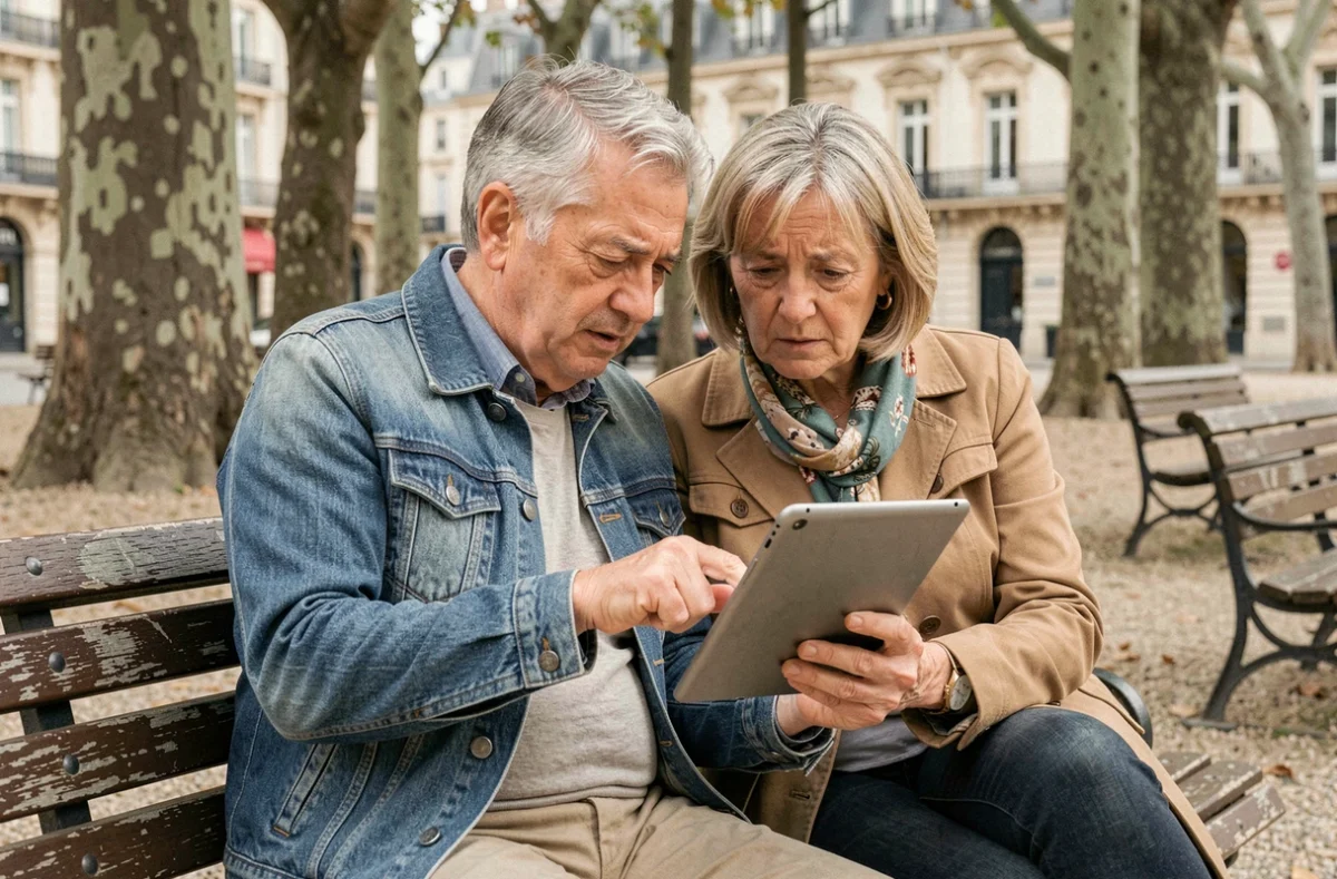 Couple de retraités consultant des informations sur la revalorisation de la retraite Agirc-Arrco sur une tablette dans un parc