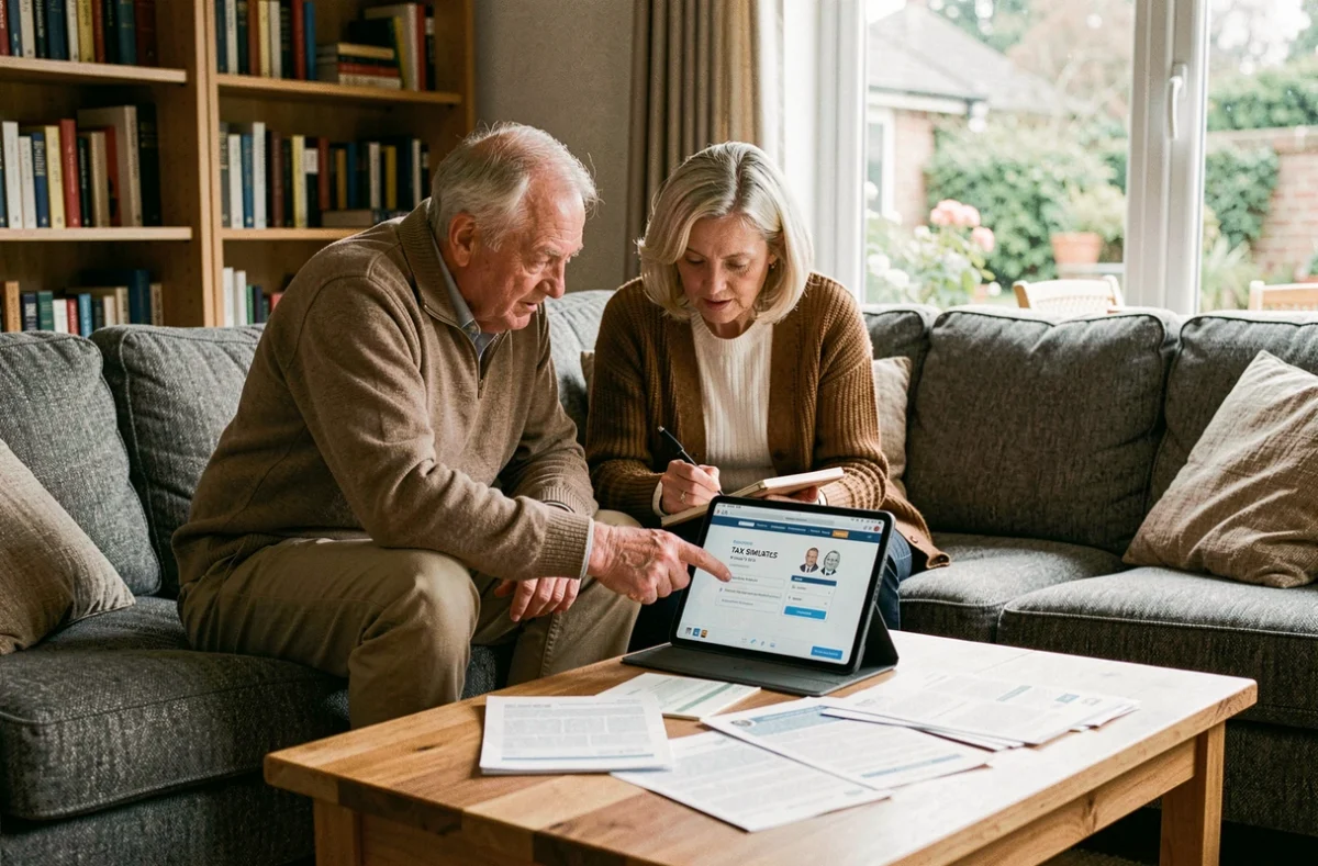 Couple de retraités utilisant un simulateur d'impôt en ligne sur tablette pour calculer l'impact de l'abattement fiscal de 10% sur leur pension