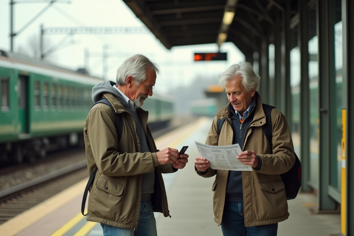 Couple de retraités SNCF sur un quai de gare régionale avec le pass Carmillon