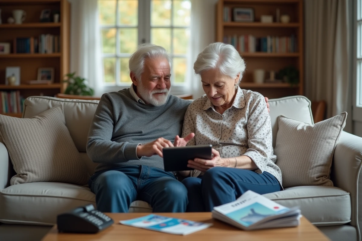 Un couple de retraités SNCF consulte ensemble une tablette numérique pour accéder aux services en ligne dédiés aux anciens cheminots