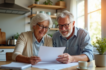 Couple senior heureux examinant des documents à la maison