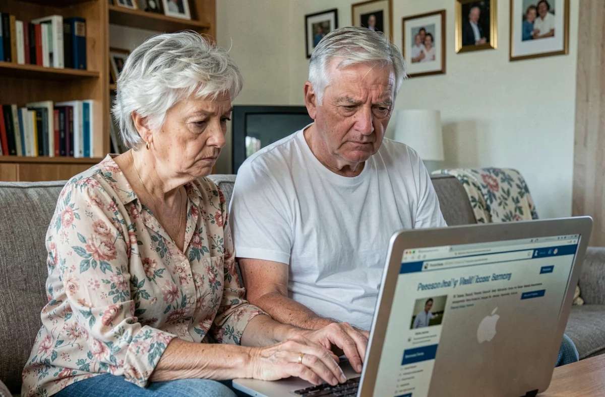 Couple âgé consultant le site officiel de la CAF sur un ordinateur portable pour comprendre la hausse de la pension d'invalidité prévue en avril 2026