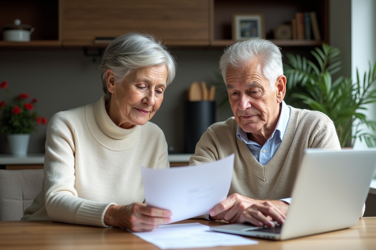Couple senior concentré sur documents à la maison
