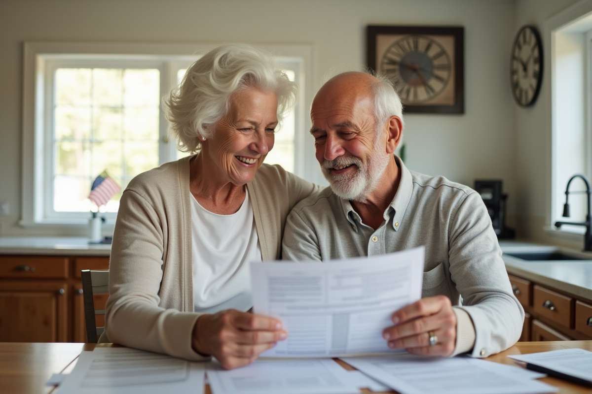 Couple senior souriant examinant documents de taxes foncières dans une maison moderne en Caroline du Sud
