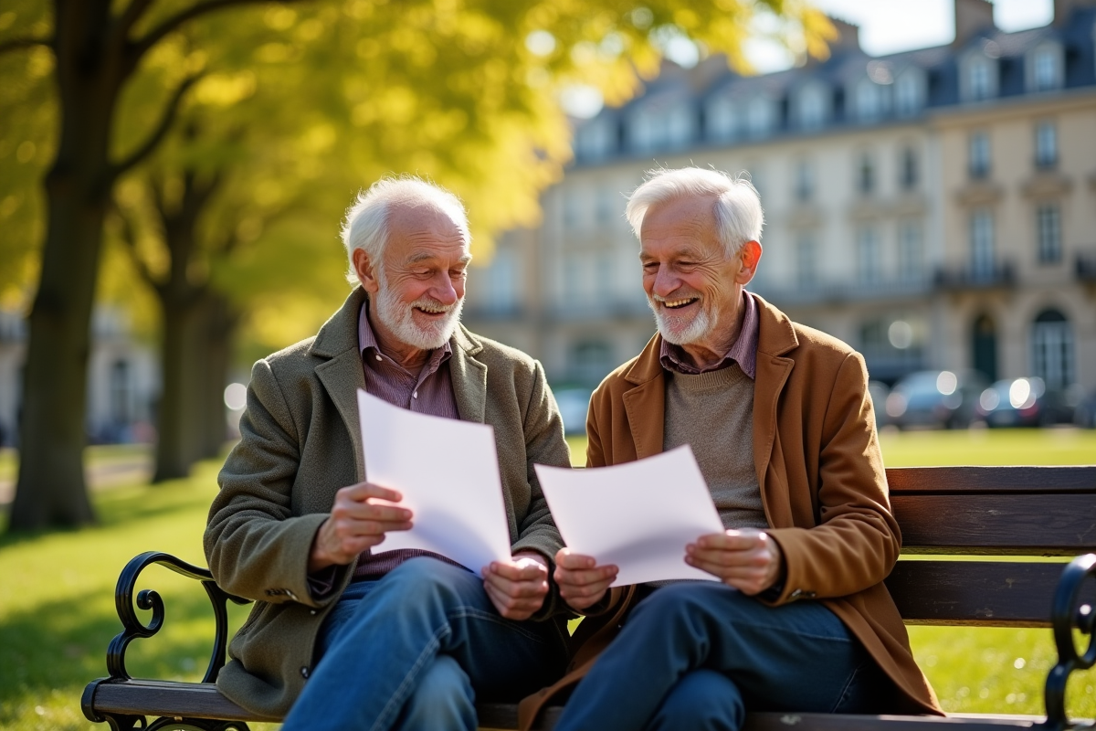 Couple senior français souriant sur un banc dans un parc parisien