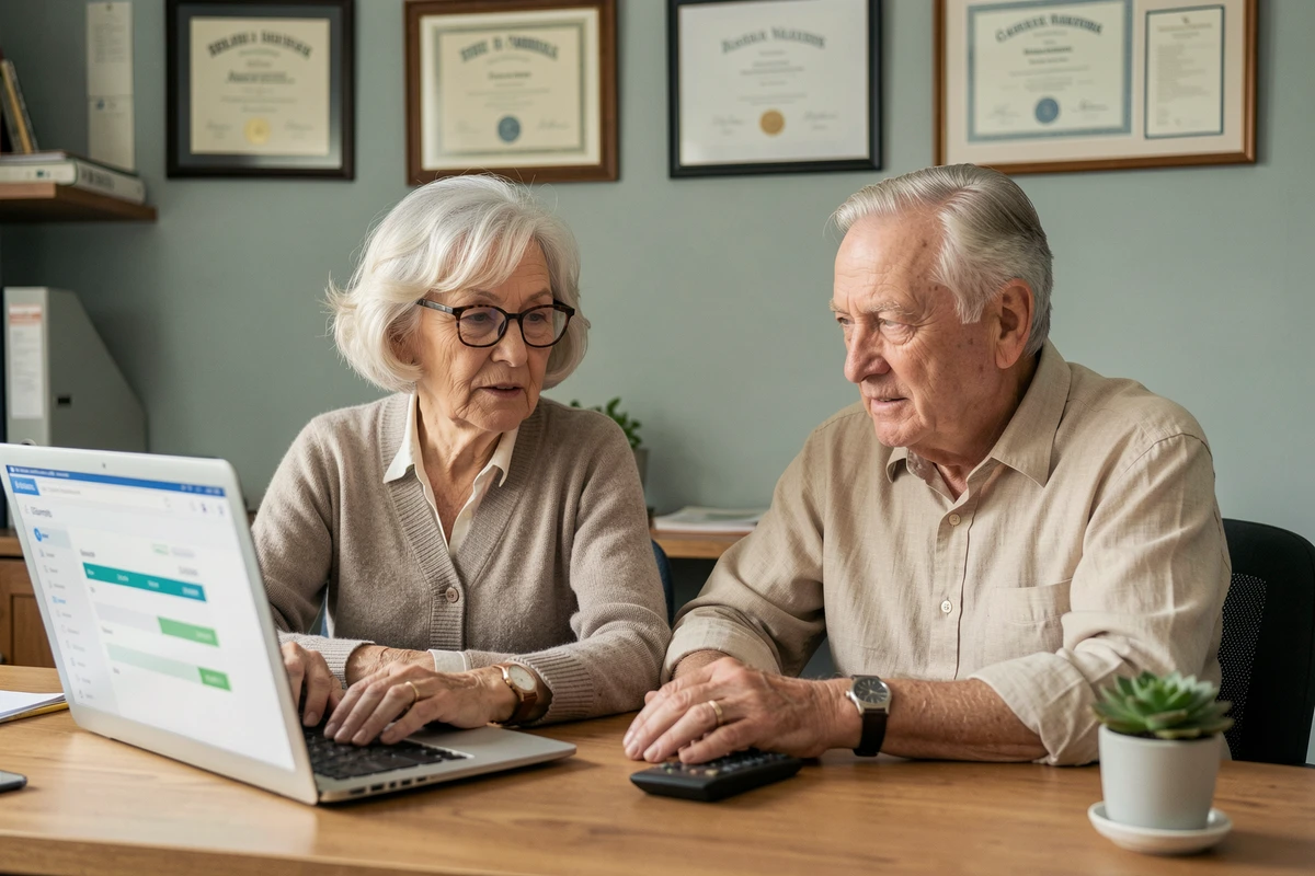 Un couple de seniors consulte ensemble un outil de gestion financière sur ordinateur portable dans leur bureau à domicile