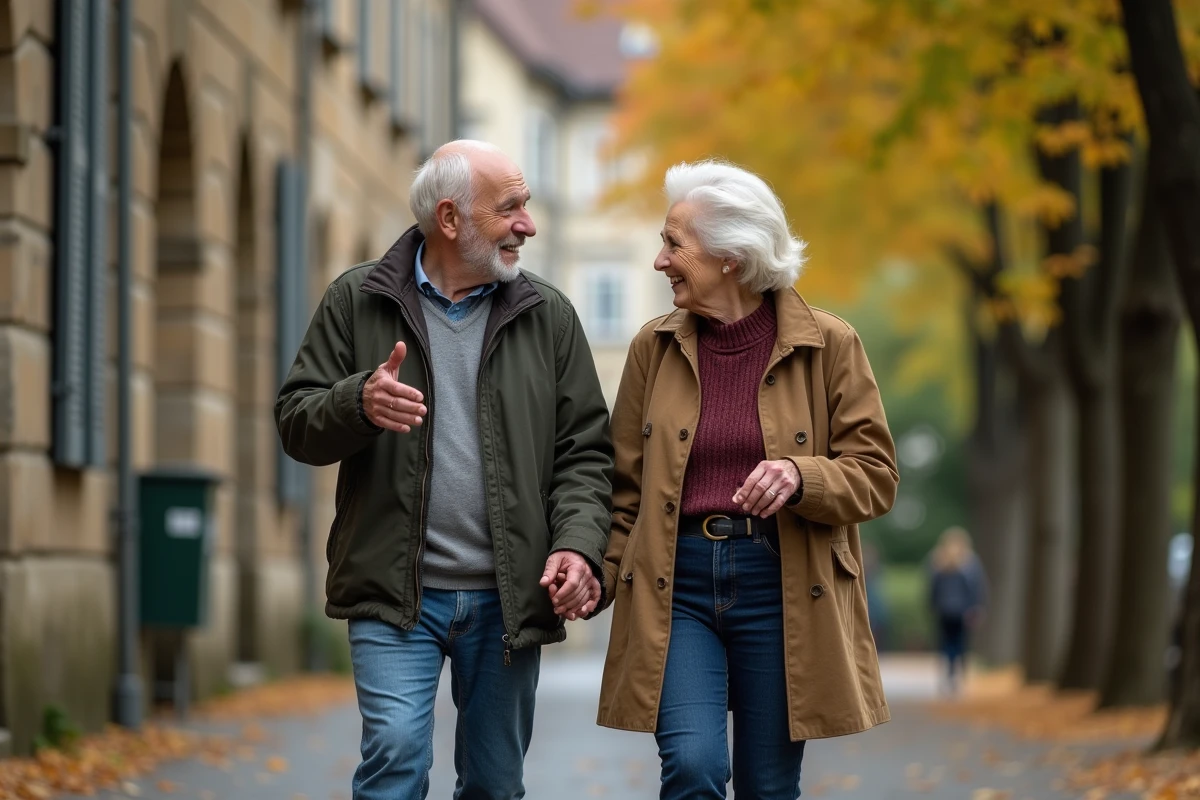 Couple de seniors se promenant dans un quartier de Lyon en discutant d'activités pour retraités