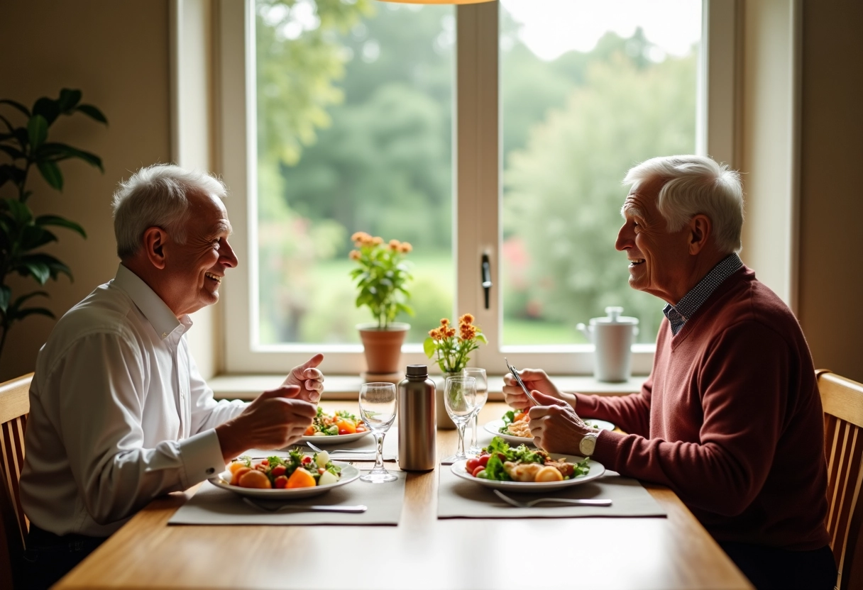 Couple senior partageant un repas équilibré à la maison