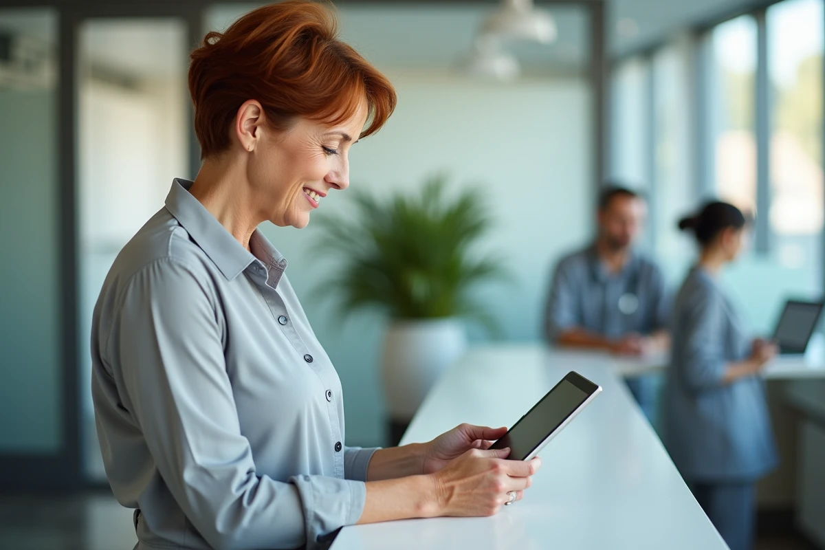 Femme active de 60 ans en cumul emploi-retraite consultant un calculateur de pension sur tablette dans son lieu de travail