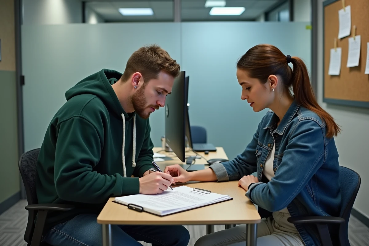 Un jeune adulte sous curatelle signe un document officiel accompagné d'une assistante sociale dans un bureau administratif moderne