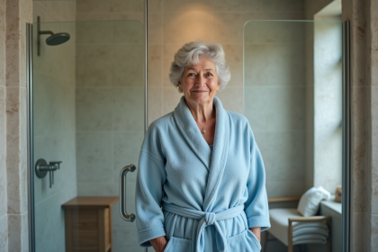 Femme senior souriante dans une douche accessible moderne