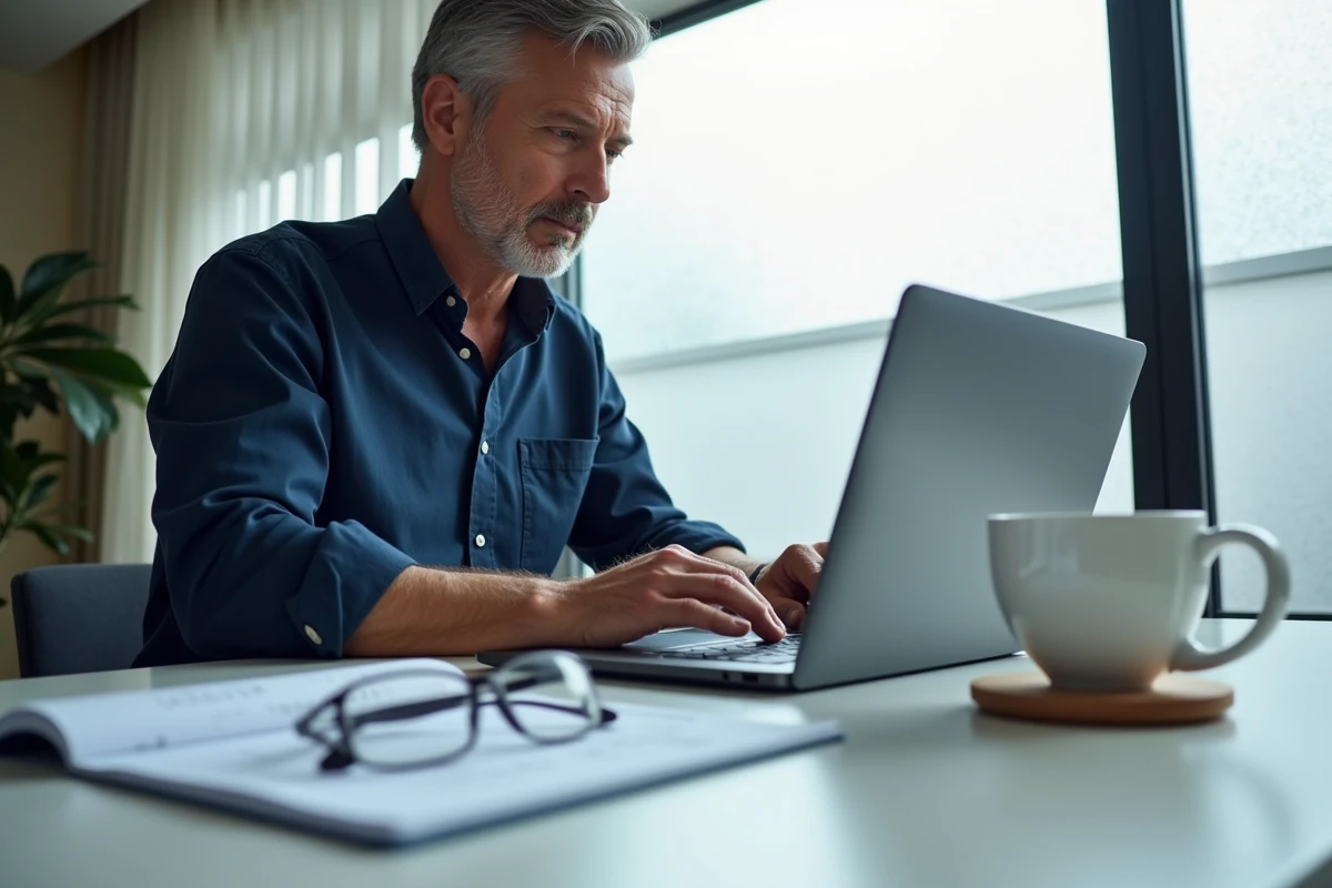 Homme vérifiant sa déclaration CESU en ligne sur le portail Aideautop depuis son bureau à domicile