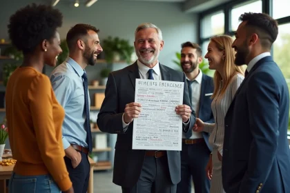 Équipe de collègues souriants offrant une carte de départ en retraite
