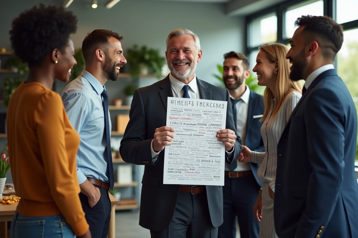 Équipe de collègues souriants offrant une carte de départ en retraite