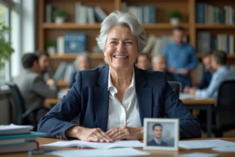 Fonctionnaire territoriale souriante lors de sa fête de départ en retraite dans un bureau municipal
