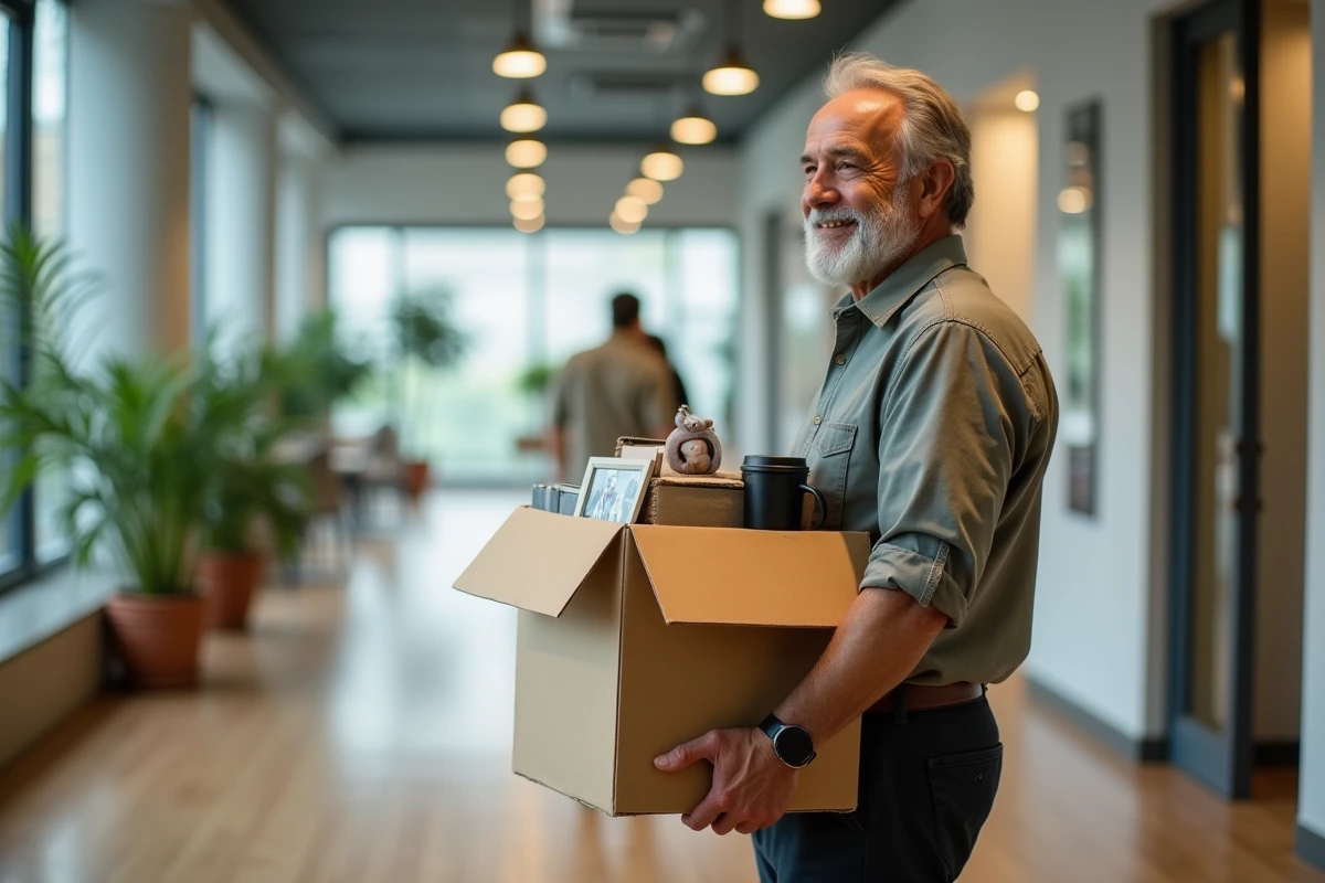 Homme en fin de carrière quittant son bureau avec ses affaires personnelles lors de son départ à la retraite tardive