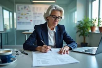 Directrice d'établissement de santé analysant une check-list NETSoins lors d'un audit des pratiques de soins