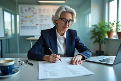 Directrice d'établissement de santé analysant une check-list NETSoins lors d'un audit des pratiques de soins
