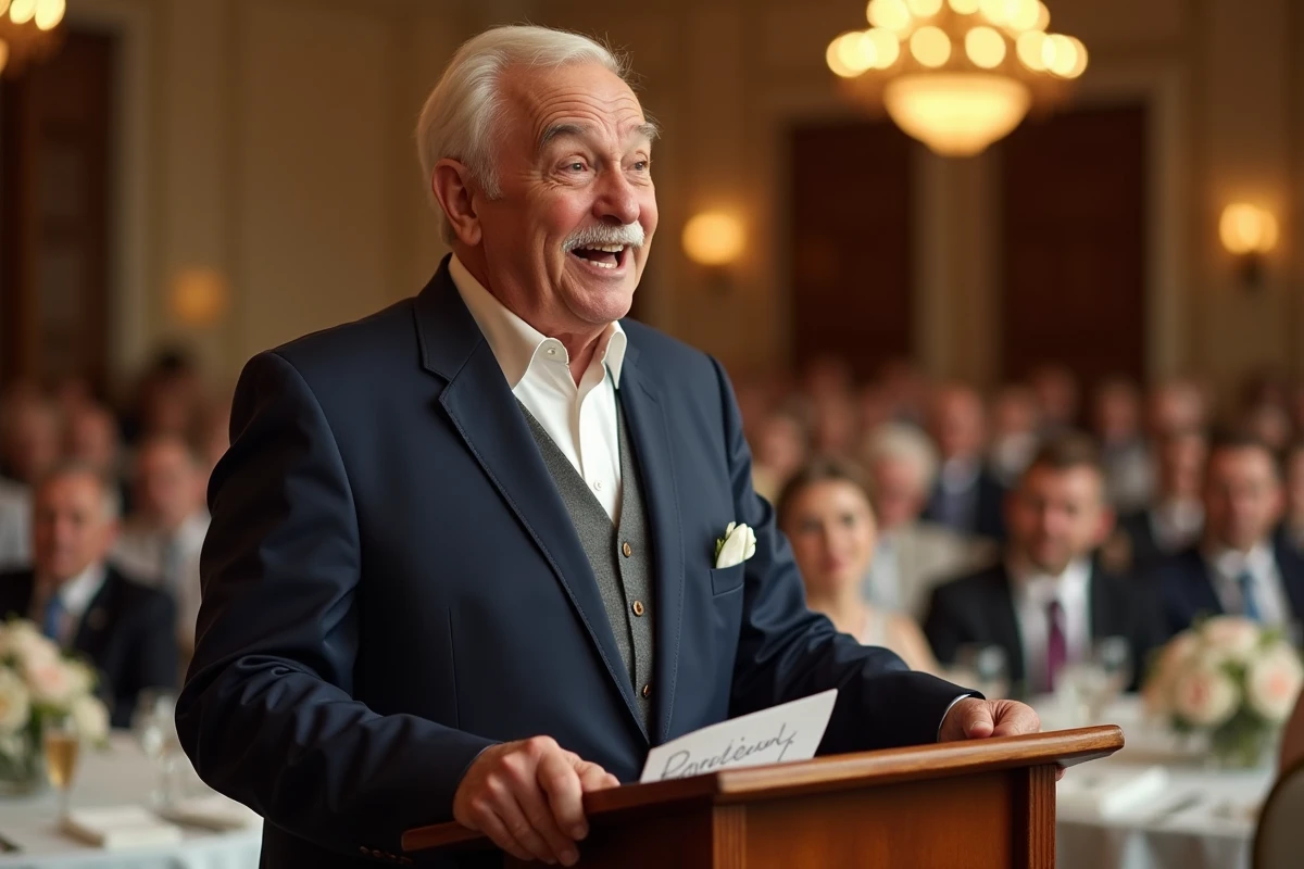 Homme prononçant un discours de retraite émouvant et mémorable devant ses collègues lors d'un dîner de célébration en salle de banquet