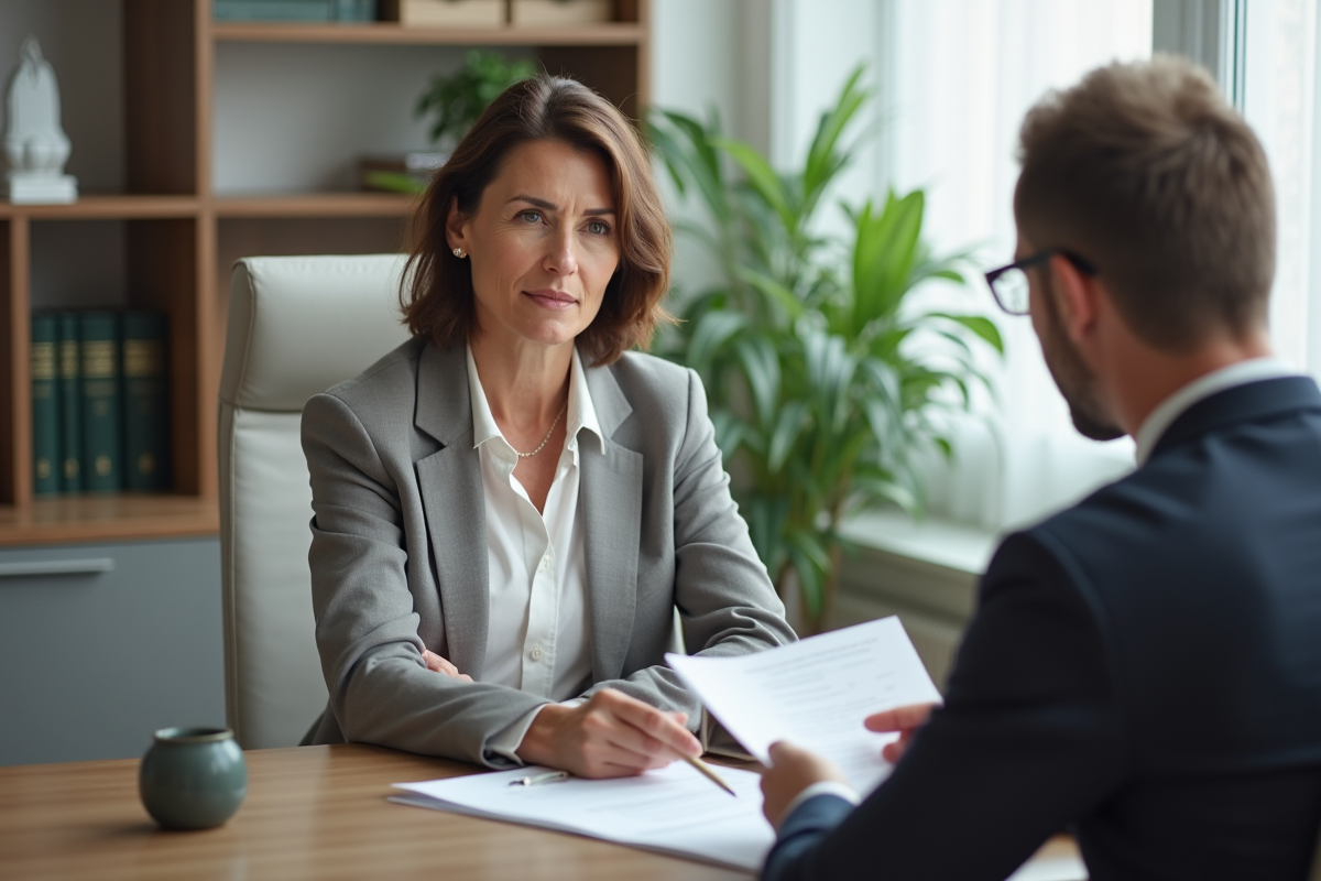 Femme d'âge moyen discutant documents avec conseiller juridique