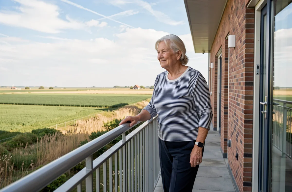 Résidente senior profitant de la vue depuis son balcon à la résidence Domitys La Capeline à Téteghem