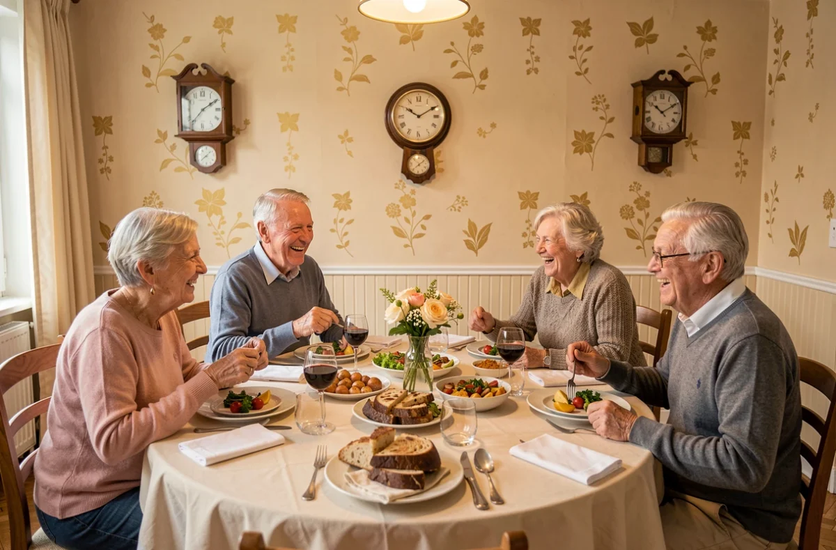 Groupe de résidents seniors partageant un repas convivial à la résidence Domitys Le Carillon d'Or à Maubeuge