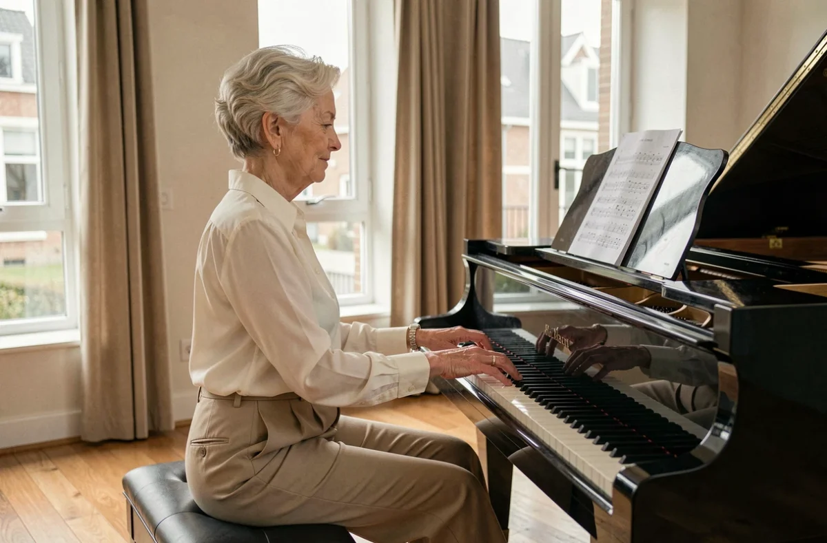 Résidente senior jouant du piano dans la salle de musique de la résidence Domitys Le Piano à Lille