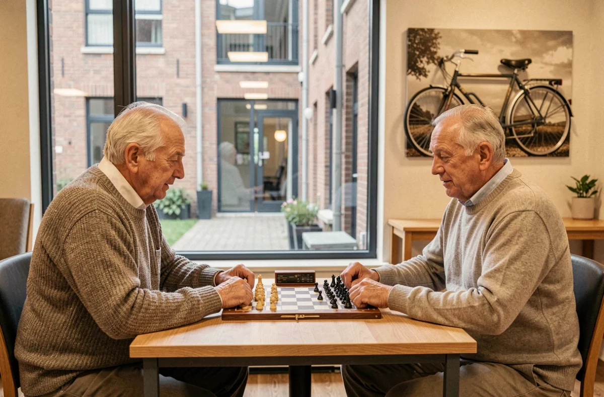 Deux résidents seniors jouant aux échecs dans l'espace commun de la résidence Domitys Le Tandem à Lens