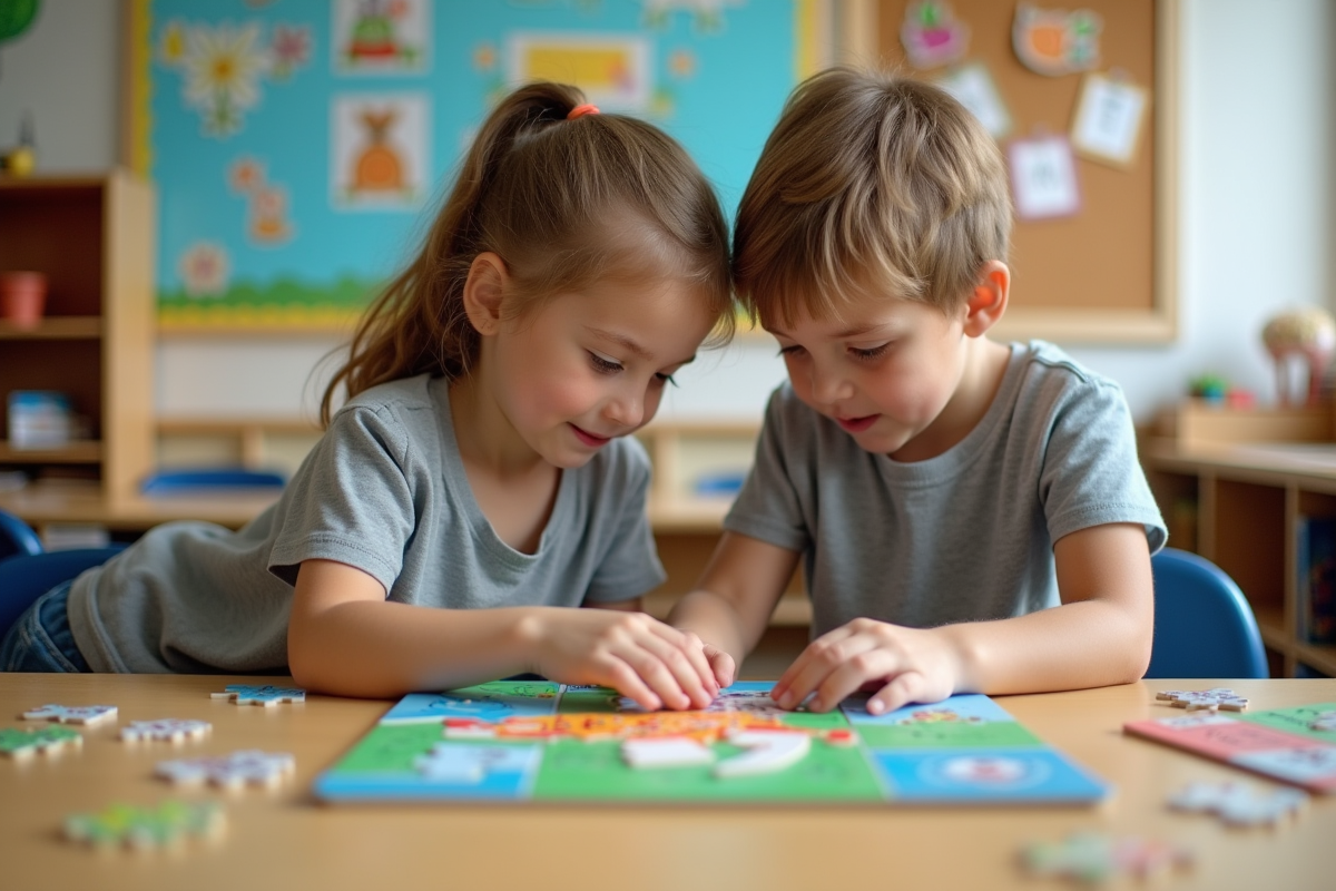 Deux enfants jouent à un puzzle animal dans une classe