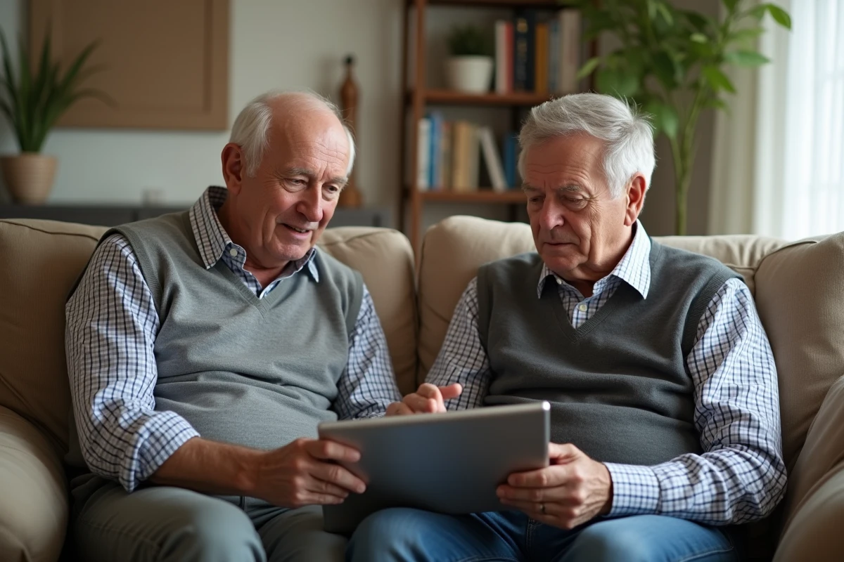 Homme âgé avec travailleur social utilisant une tablette