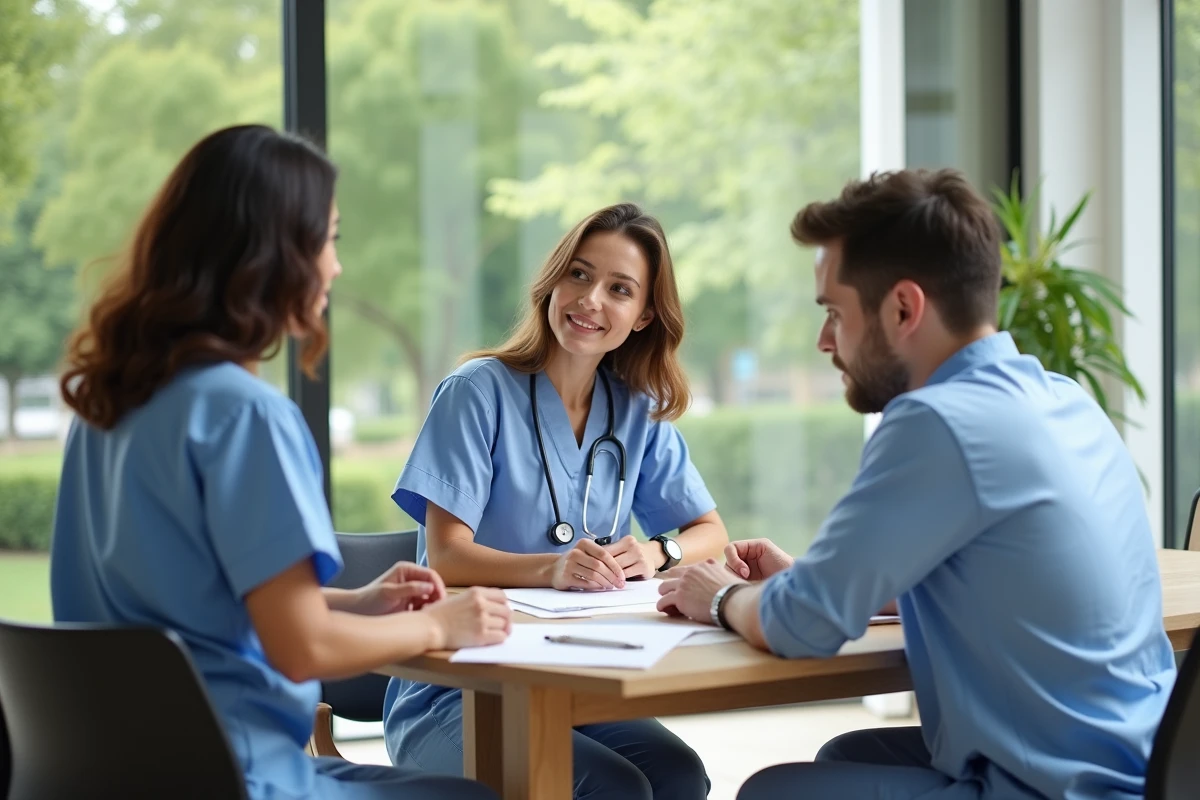 Equipe de soins discutant dans un bureau moderne