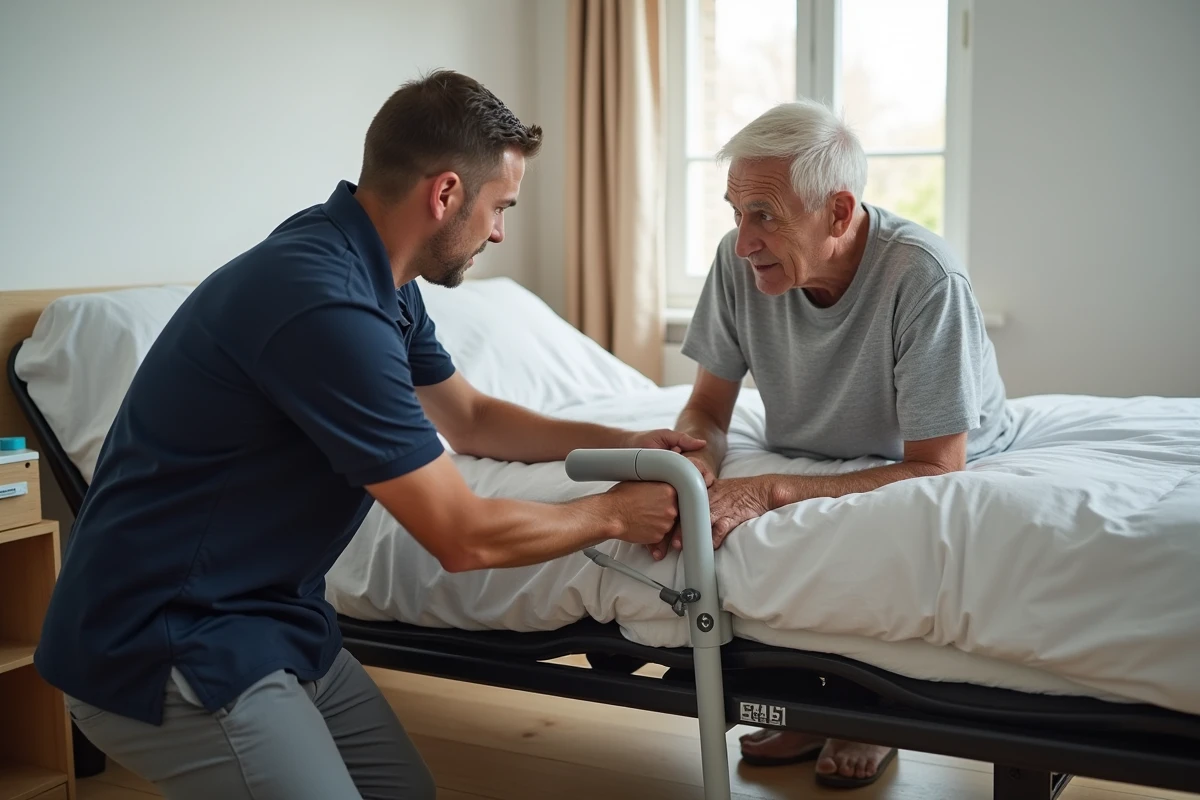 Ergothérapeute présentant une aide technique de lit réglable à un patient âgé à domicile, dans le cadre d'une évaluation GIR pour l'adaptation du logement