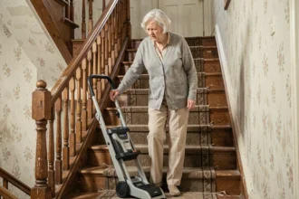 Femme âgée face à un monte escalier portable mal adapté à l'étroitesse de son escalier intérieur en bois