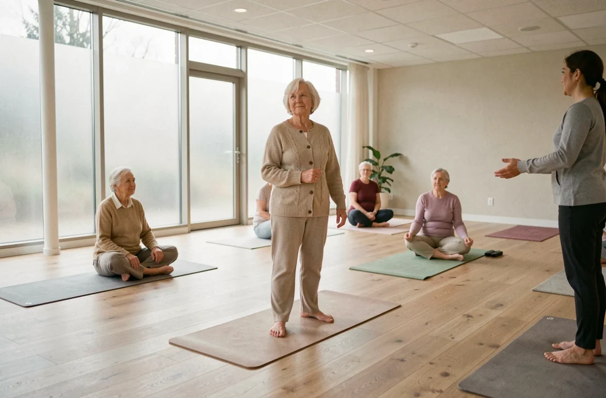 Cours de yoga doux pour résidents seniors dans la salle bien-être de la résidence Espace et Vie à Arras