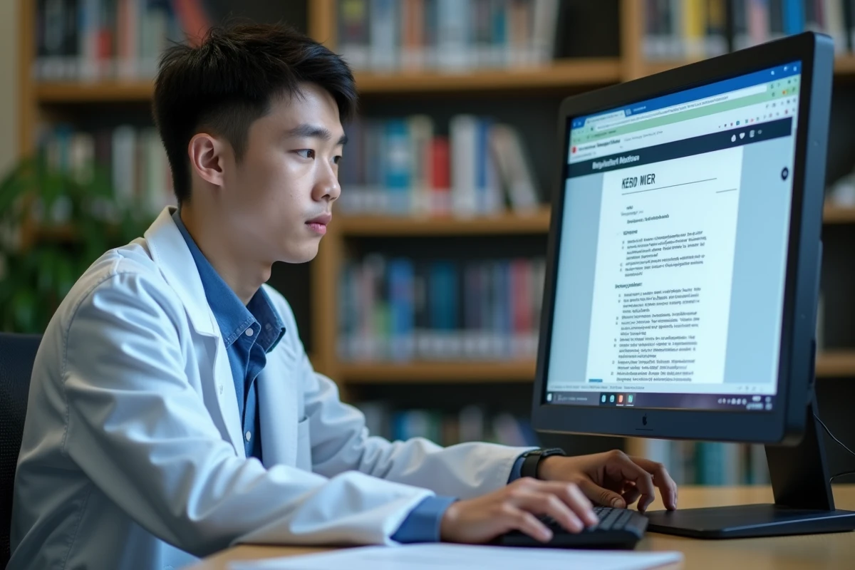 Étudiant en médecine téléchargeant un formulaire PDF d'évaluation Tinetti fiable depuis une base de données médicale universitaire