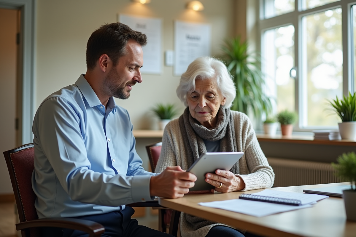 Professionnel de santé évaluant un patient âgé avec une tablette