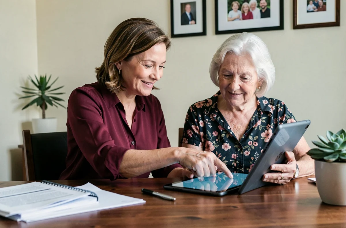Fille aidant sa mère senior à comprendre les prix, aides et réductions fiscales d'un service de téléassistance en 2026