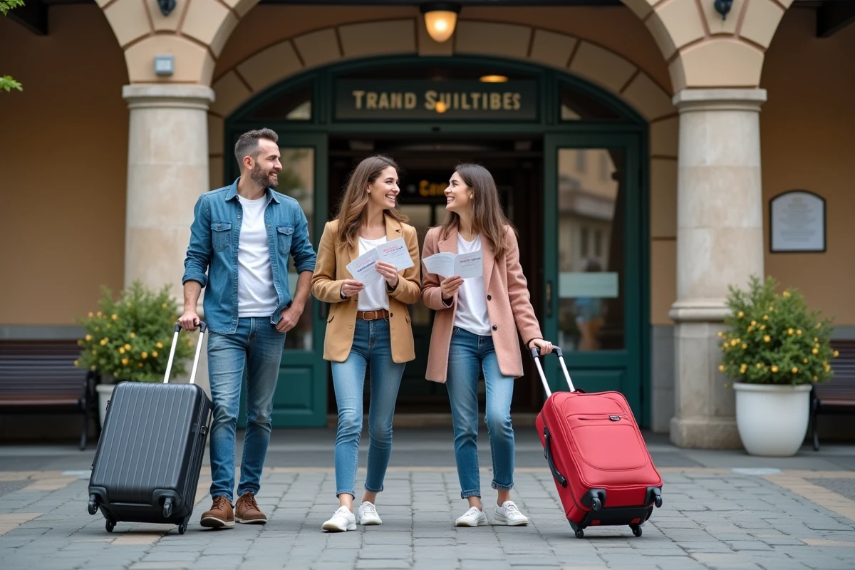 Famille utilisant des chèques vacances pour partir en voyage depuis une gare