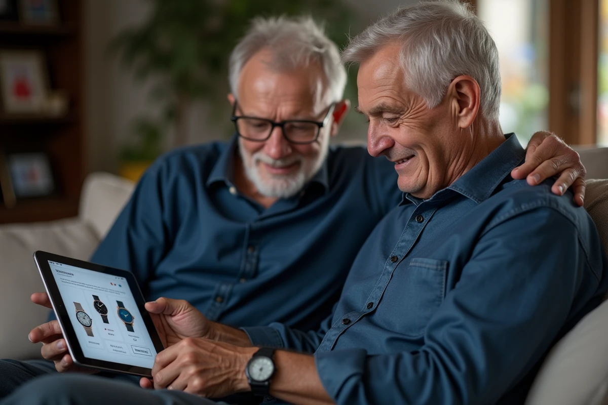 Un fils adulte et son père âgé comparant des montres SOS connectées sur une tablette dans un salon