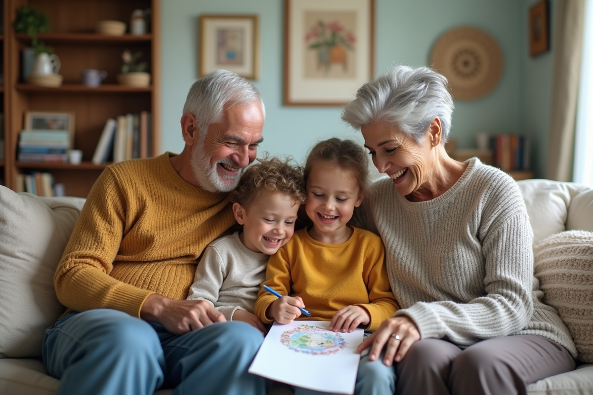Famille multigeneration partage un moment de rire avec un dessin
