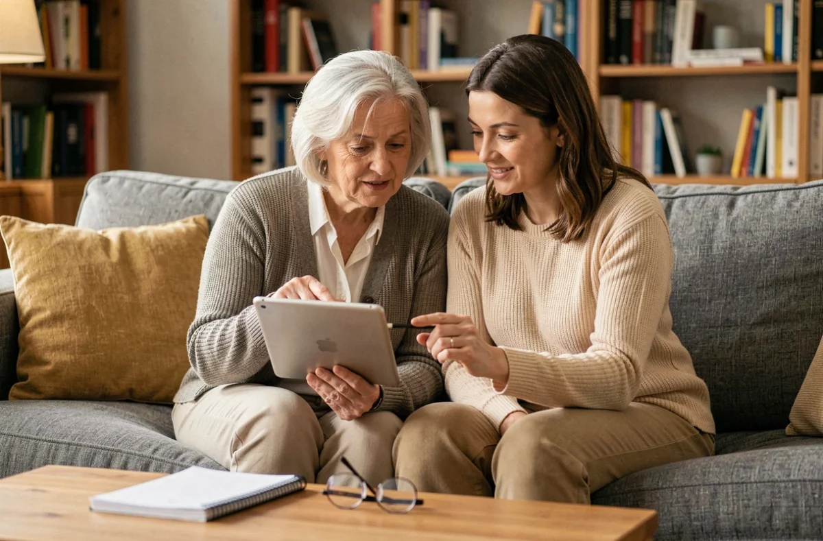 Une femme âgée et sa fille adulte consultant ensemble les démarches de renouvellement du permis de conduire sur une tablette