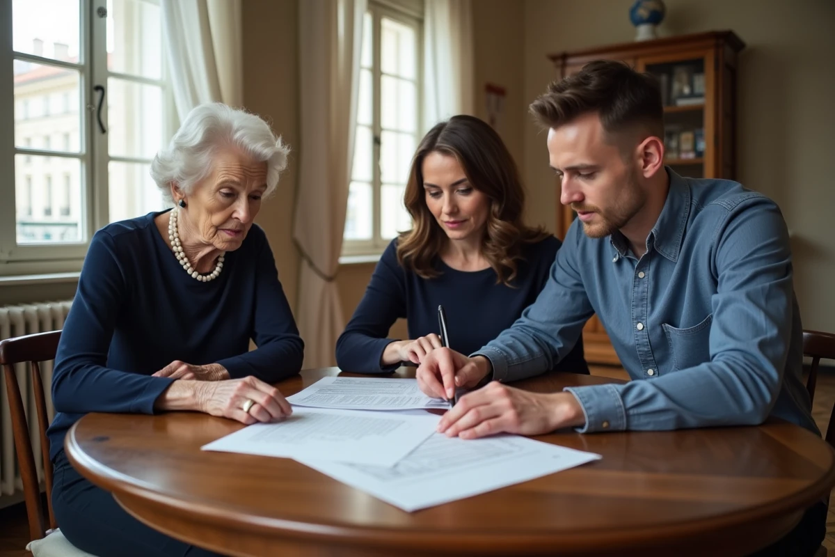 Trois générations d'une famille française réunies autour d'une table pour discuter d'une donation entre vifs, grand-mère, fille adulte et petit-fils examinant un document juridique ensemble