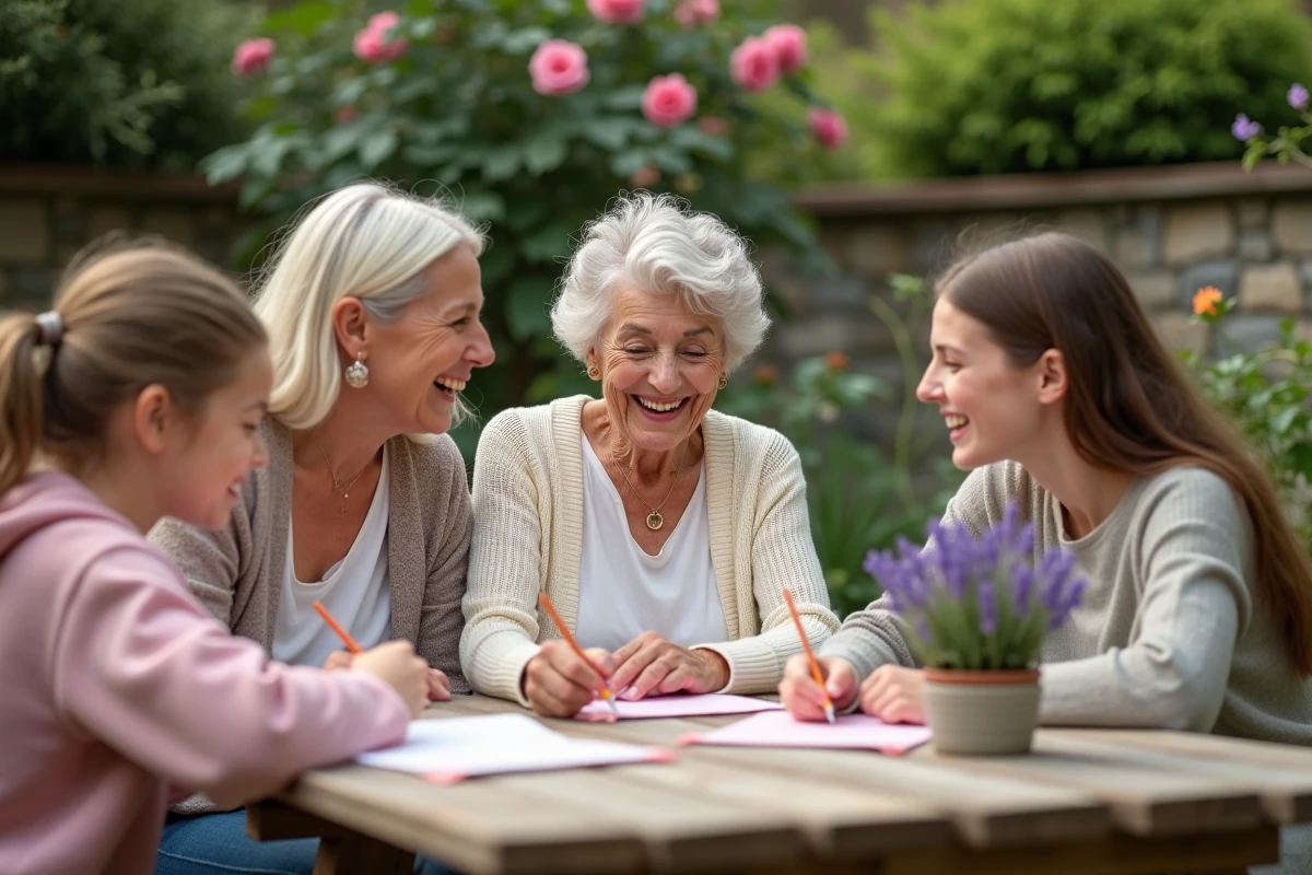 Trois générations de femmes écrivant des voeux d'anniversaire 70 ans ensemble dans un jardin fleuri