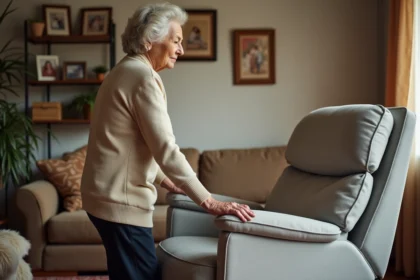 Femme âgée se levant d'un fauteuil releveur électrique dans un salon confortable, illustrant le remboursement par la Sécurité sociale