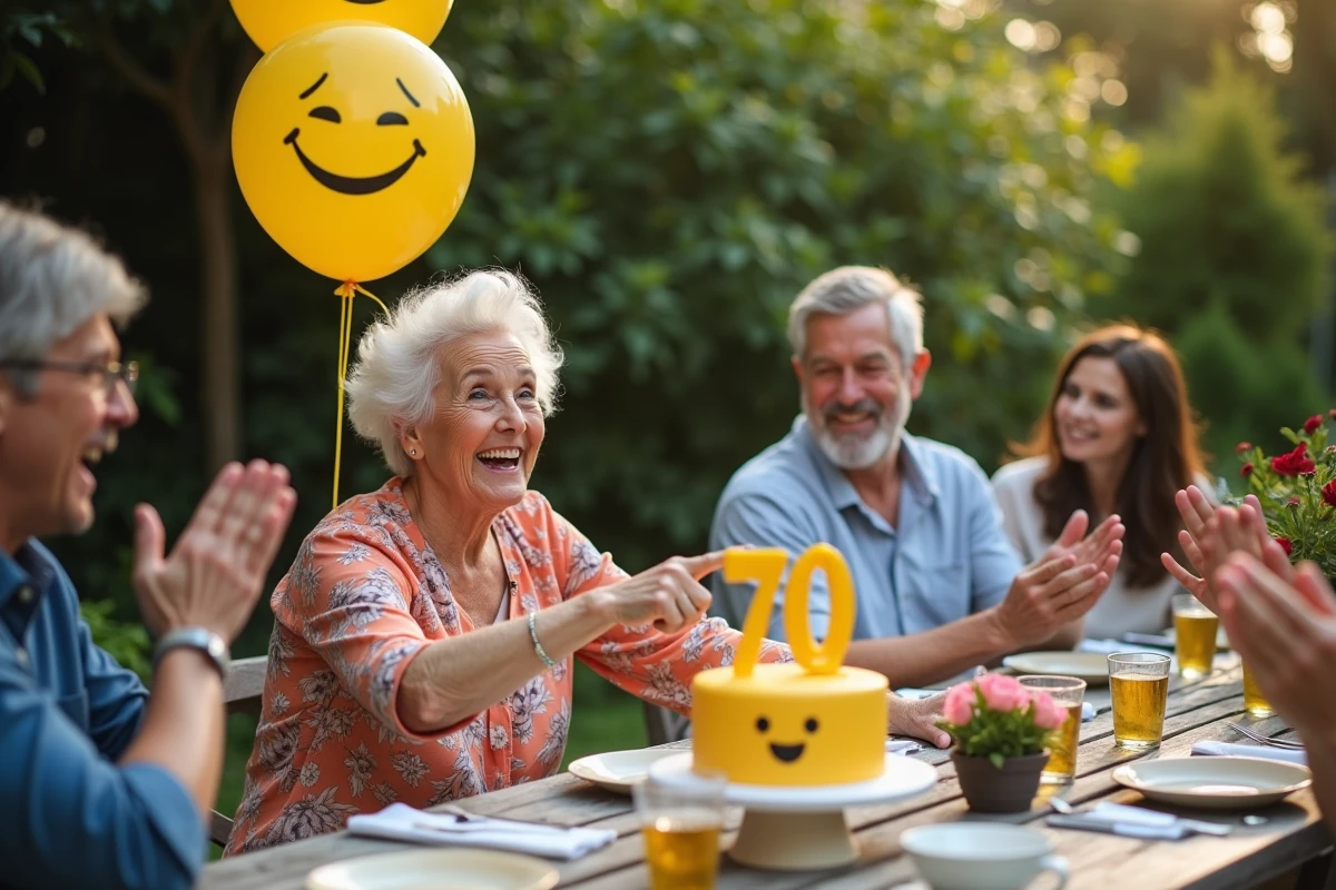 Femme de 70 ans avec ballon et gateau rigolo en plein air