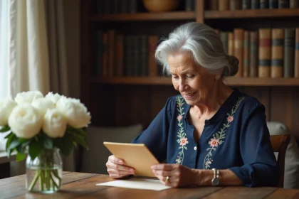 Femme de 70 ans lisant un message d'anniversaire manuscrit avec émotion dans un salon chaleureux