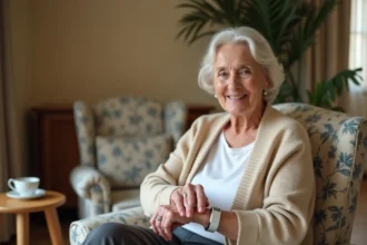 Femme âgée portant un bracelet d'alerte personnelle dans son salon pour sécuriser son domicile