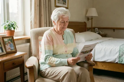 Une femme âgée examine une brochure sur les maisons de retraite et EHPAD dans une chambre confortable de résidence senior