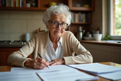 Femme âgée de 80 ans relisant des documents juridiques à une table en bois dans une cuisine de campagne française, illustrant la planification d'une donation successorale